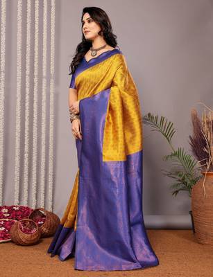 yellow royalblue silk blend banarasi saree with unstitched blouse piece 4