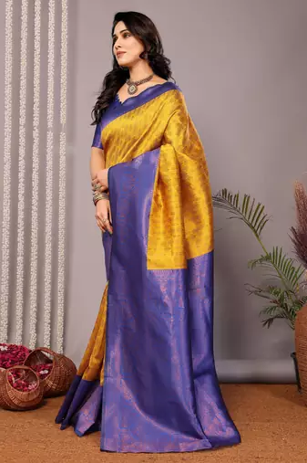 yellow royalblue silk blend banarasi saree with unstitched blouse piece