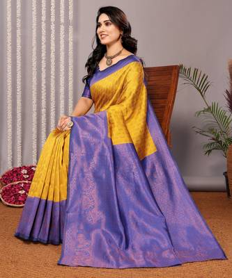 yellow royalblue silk blend banarasi saree with unstitched blouse piece 1