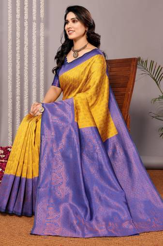 yellow royalblue soft art silk blend banarasi jacuard work designer party wear saree with unstitched blouse piece