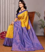 yellow royalblue silk blend banarasi saree with unstitched blouse piece
