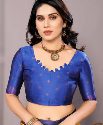 yellow royalblue silk blend banarasi saree with unstitched blouse piece 5