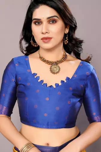 yellow royalblue silk blend banarasi saree with unstitched blouse piece