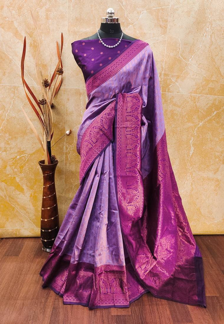 Lavender  soft silk blend banarasi jacuard work designer party wear saree with unstitched blouse piece