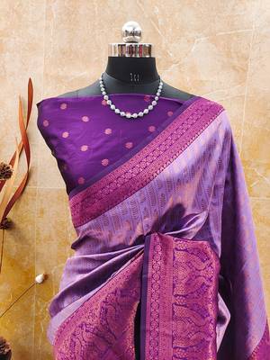 lavender silk blend banarasi saree with unstitched blouse piece 2