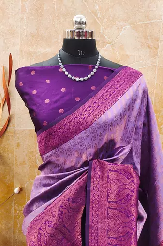 lavender silk blend banarasi saree with unstitched blouse piece