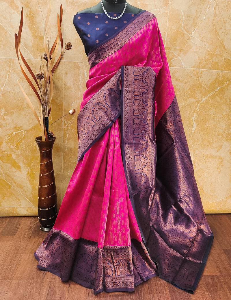 Pink neavyblue  soft silk blend banarasi jacuard work designer party wear saree with unstitched blouse piece