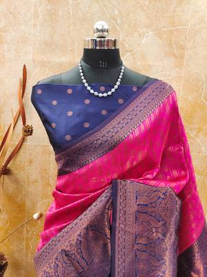 pink neavyblue silk blend banarasi saree with unstitched blouse piece 2