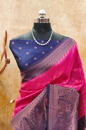 pink neavyblue silk blend banarasi saree with unstitched blouse piece