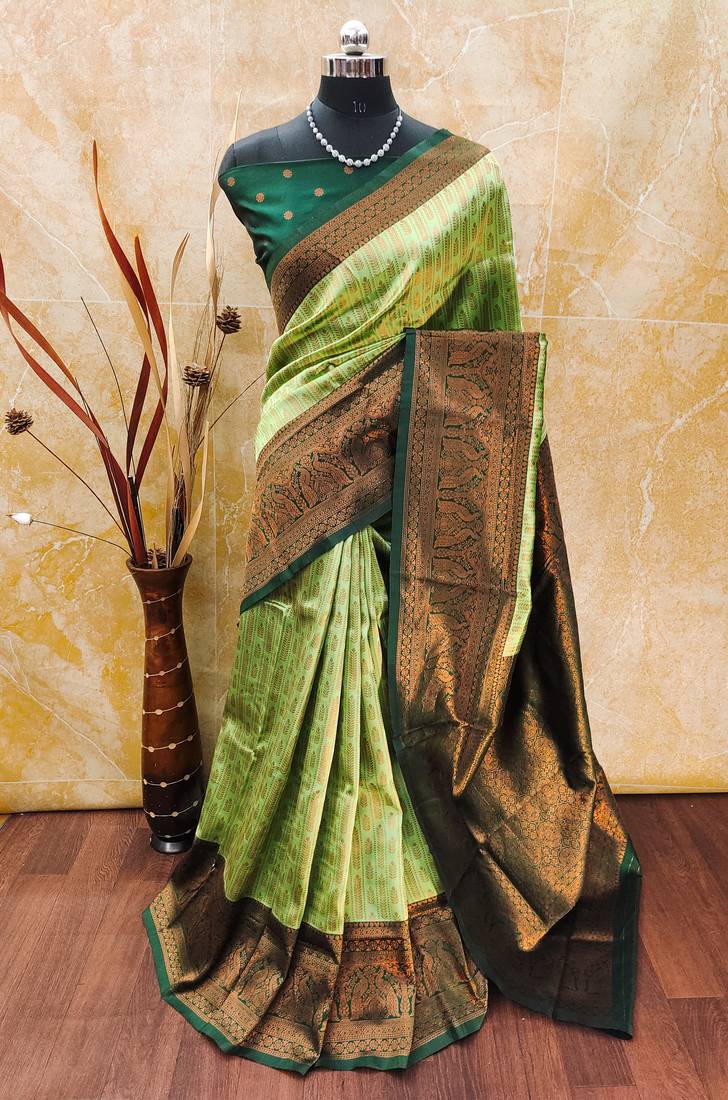 Pista green  soft silk blend banarasi jacuard work designer party wear saree with unstitched blouse piece