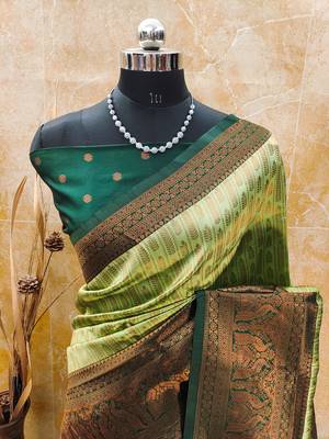 pista green silk blend banarasi saree with unstitched blouse piece 2