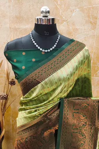 pista green silk blend banarasi saree with unstitched blouse piece