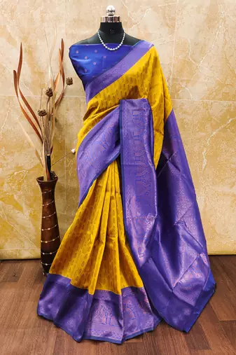 Yellow royalblue  soft silk blend banarasi jacuard work designer party wear saree with unstitched blouse piece