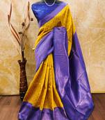Yellow royalblue  soft silk blend banarasi jacuard work designer party wear saree with unstitched blouse piece