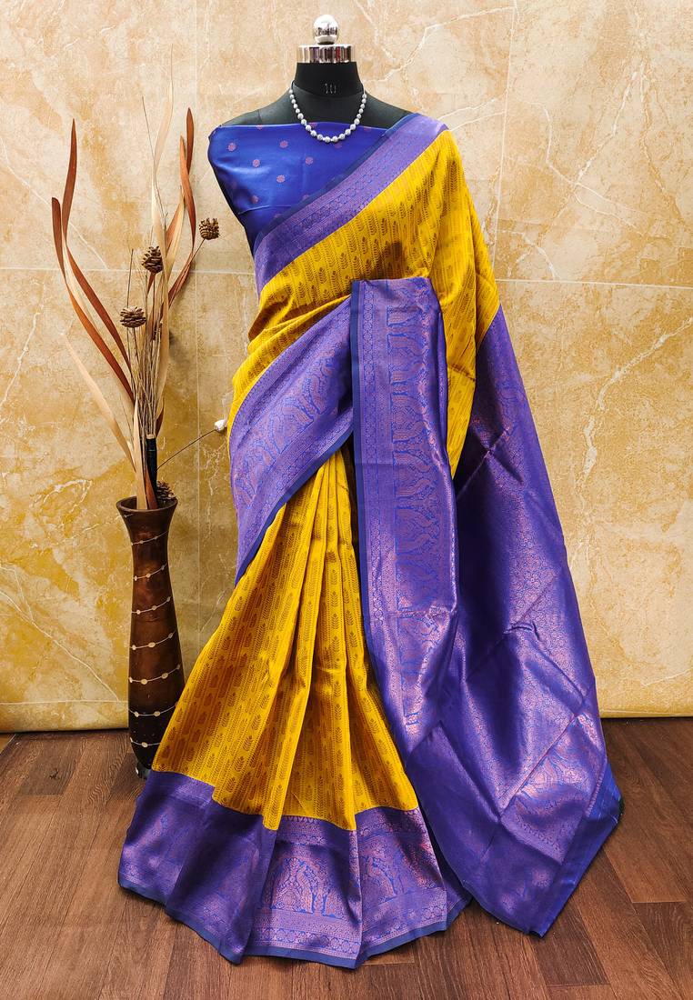 Yellow royalblue  soft silk blend banarasi jacuard work designer party wear saree with unstitched blouse piece