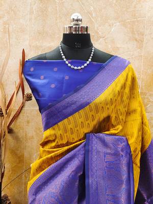yellow royalblue silk blend banarasi saree with unstitched blouse piece 2