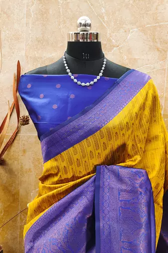 yellow royalblue silk blend banarasi saree with unstitched blouse piece