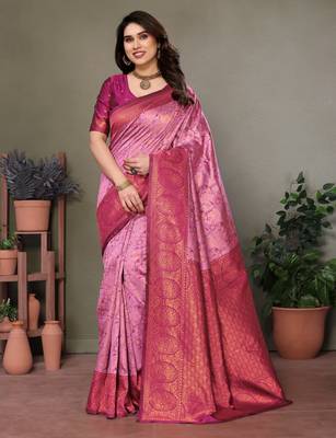 light pink wine silk blend banarasi saree with unstitched blouse piece 1