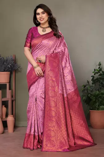 Light pink wine soft silk blend banarasi jacuard work designer party wear saree with unstitched blouse piece
