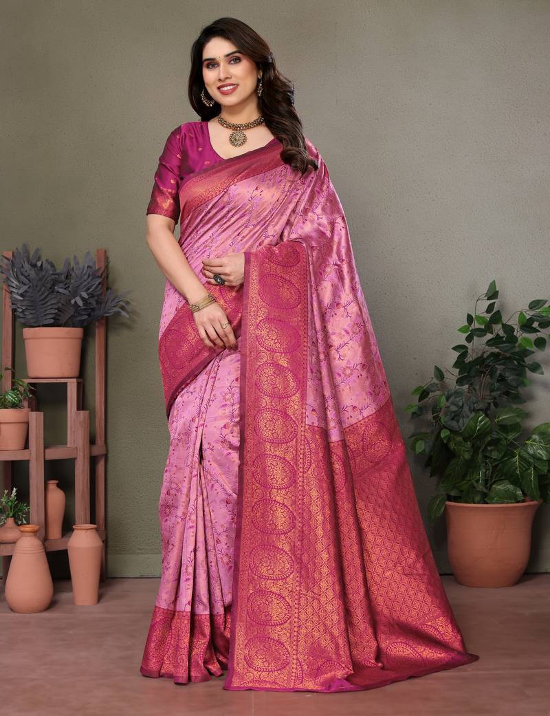 Light pink wine soft silk blend banarasi jacuard work designer party wear saree with unstitched blouse piece