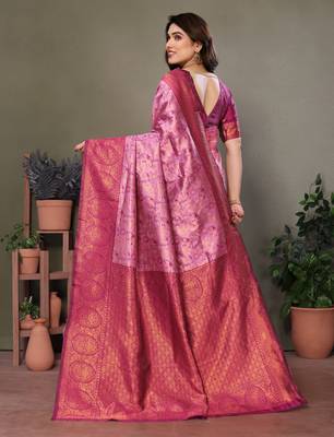 light pink wine silk blend banarasi saree with unstitched blouse piece 2