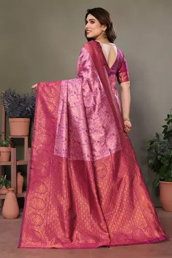 light pink wine silk blend banarasi saree with unstitched blouse piece