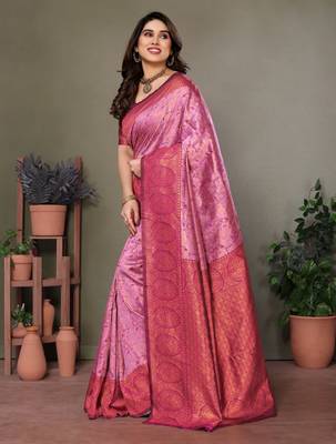 light pink wine silk blend banarasi saree with unstitched blouse piece 3