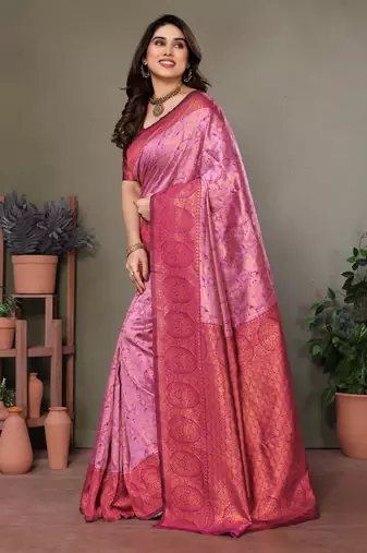 light pink wine silk blend banarasi saree with unstitched blouse piece
