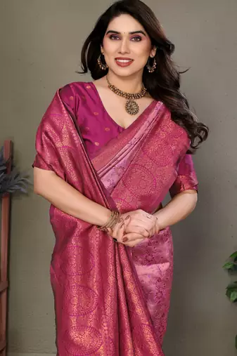 light pink wine silk blend banarasi saree with unstitched blouse piece