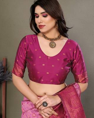 light pink wine silk blend banarasi saree with unstitched blouse piece 5
