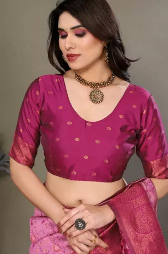 light pink wine silk blend banarasi saree with unstitched blouse piece