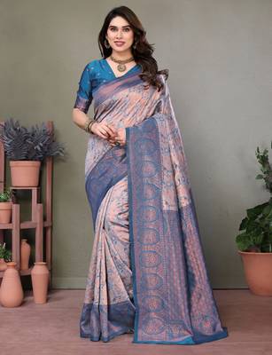 peach sky silk blend banarasi saree with unstitched blouse piece 2