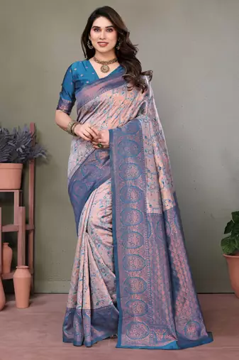 Peach sky soft silk blend banarasi jacuard work designer party wear saree with unstitched blouse piece