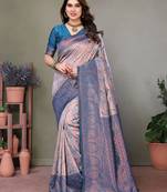 Peach sky soft silk blend banarasi jacuard work designer party wear saree with unstitched blouse piece