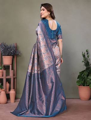 peach sky silk blend banarasi saree with unstitched blouse piece 3
