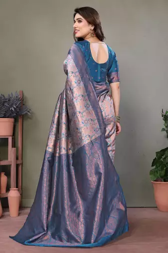 peach sky silk blend banarasi saree with unstitched blouse piece