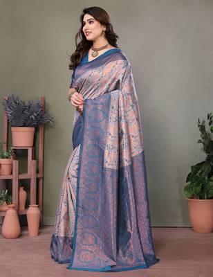 peach sky silk blend banarasi saree with unstitched blouse piece 4