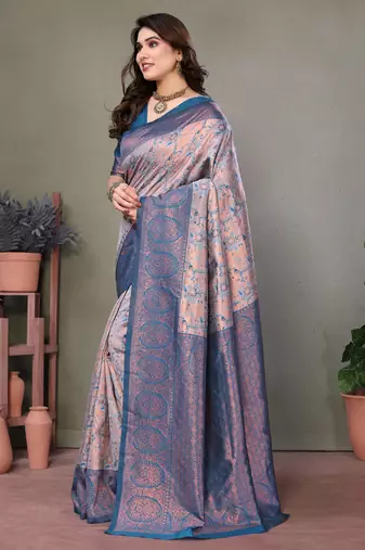 peach sky silk blend banarasi saree with unstitched blouse piece