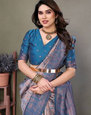 peach sky silk blend banarasi saree with unstitched blouse piece 1
