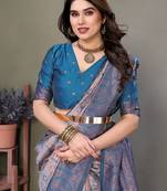 peach sky silk blend banarasi saree with unstitched blouse piece