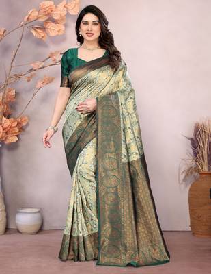 pista green silk blend banarasi saree with unstitched blouse piece 1