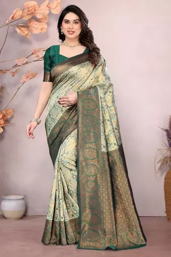 Pista green soft silk blend banarasi jacuard work designer party wear saree with unstitched blouse piece