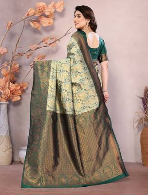 pista green silk blend banarasi saree with unstitched blouse piece 2