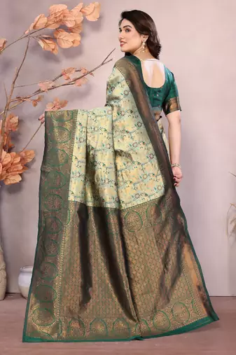 pista green silk blend banarasi saree with unstitched blouse piece