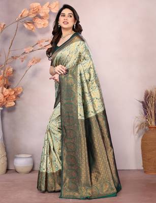pista green silk blend banarasi saree with unstitched blouse piece 3