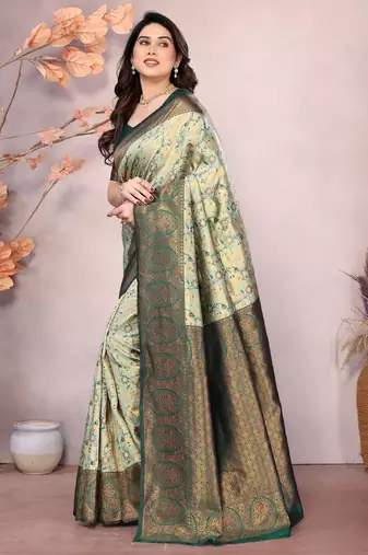 pista green silk blend banarasi saree with unstitched blouse piece