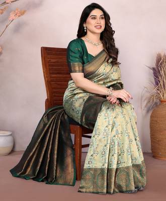 pista green silk blend banarasi saree with unstitched blouse piece 4