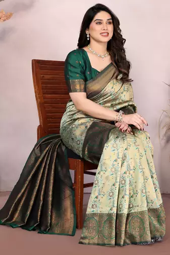 pista green silk blend banarasi saree with unstitched blouse piece