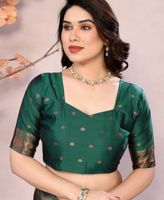 pista green silk blend banarasi saree with unstitched blouse piece 5