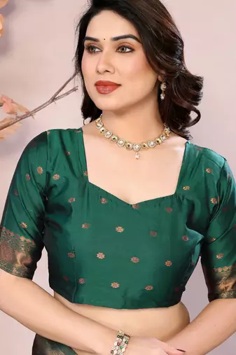 pista green silk blend banarasi saree with unstitched blouse piece